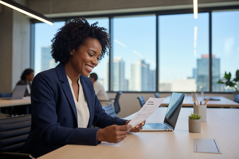 black woman smiling reviewing resume happy 
